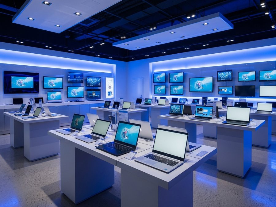 Tienda de cómputo moderna con laptops y monitores