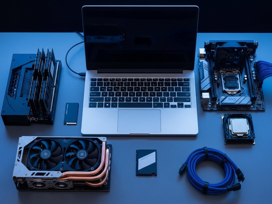 Laptop y componentes de cómputo de cerca