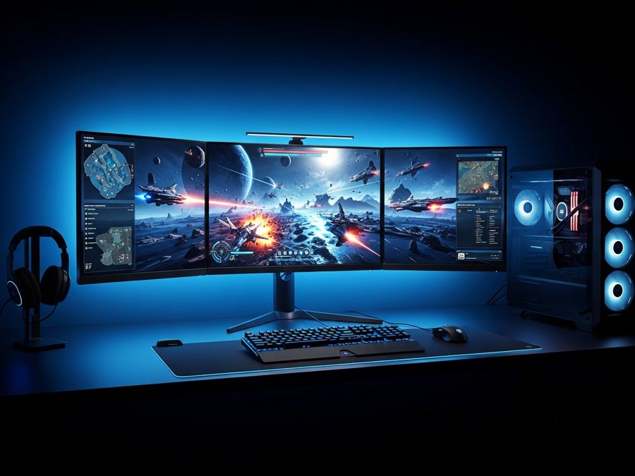 Setup gamer con iluminación azul dramática